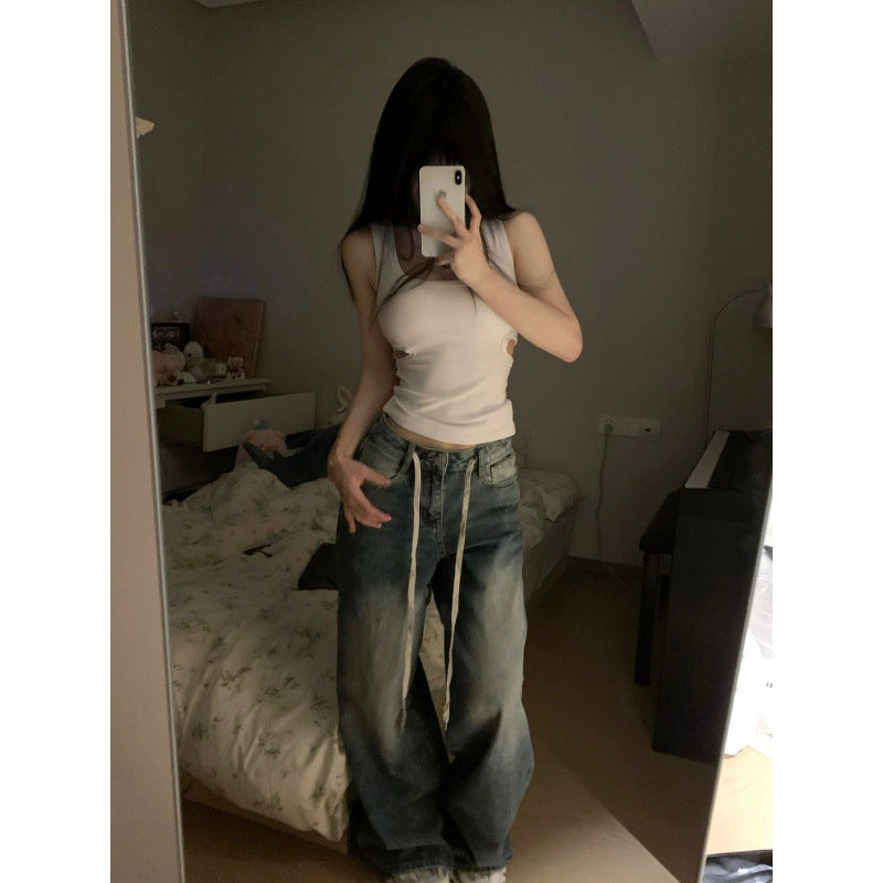 Straight Loose Slimming And Wide Leg All-match Retro Washed Jeans