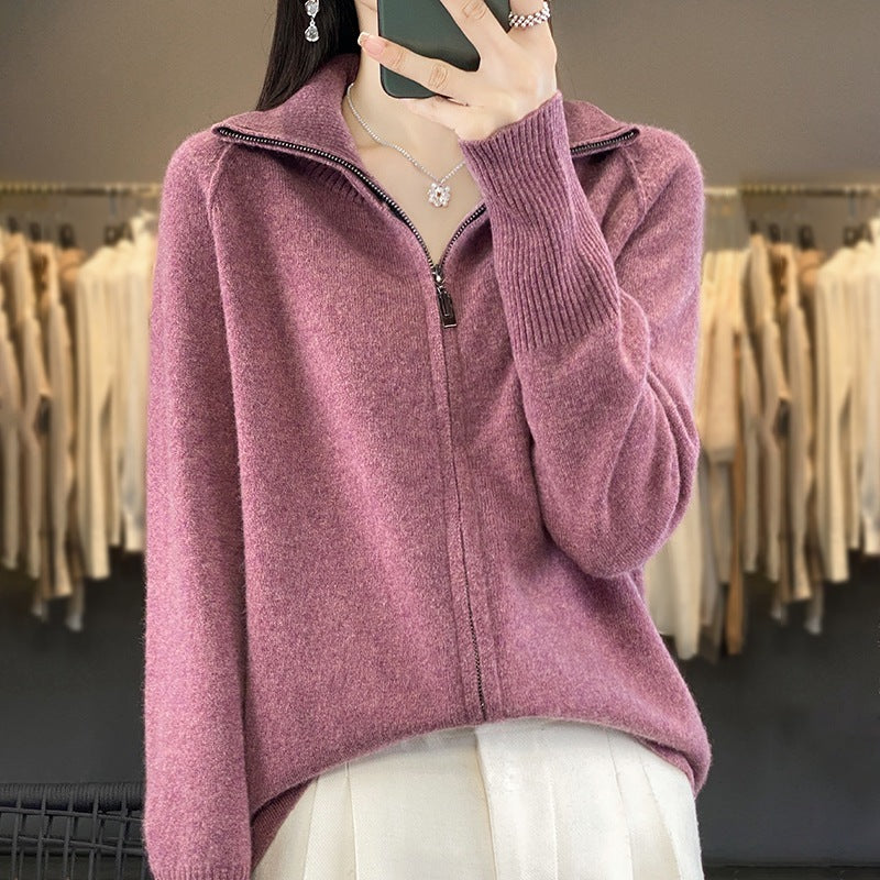 FallWinter New High Neck Wool Knit Cardigan Women