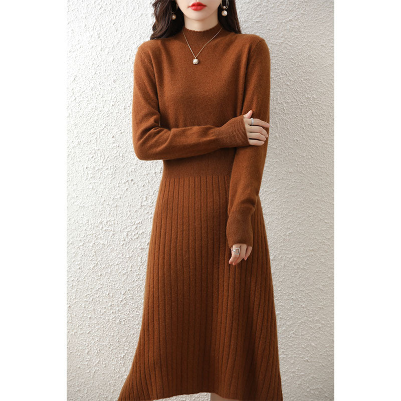 Autumn And Winter New Pure Wool Dress Women's A- Line Style Overknee Mid-length