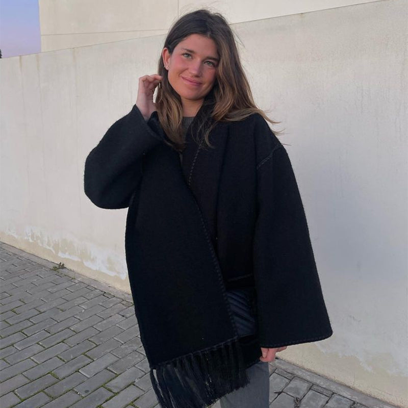 Manteau en laine épais pour femmes, avec écharpe, pompon, veste ample, décontractée, bureau, Streetwear, automne et hiver