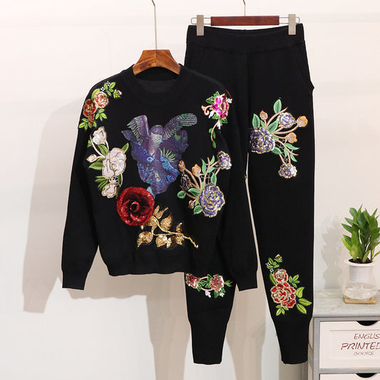 Station européenne pour femmes, pull à manches longues, motif floral pailleté, pantalon slim, costume à la mode