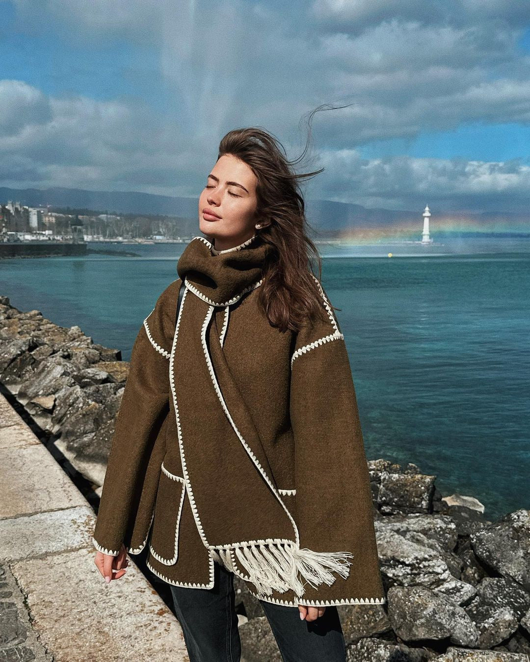 Manteau en laine épais pour femmes, avec écharpe, pompon, veste ample, décontractée, bureau, Streetwear, automne et hiver