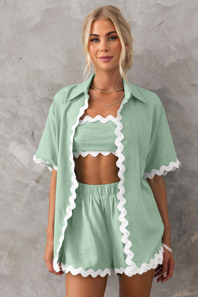 Costume d'été 2 pièces avec chemise à manches courtes et col en v et Short imprimé ondulé à la mode pour femmes