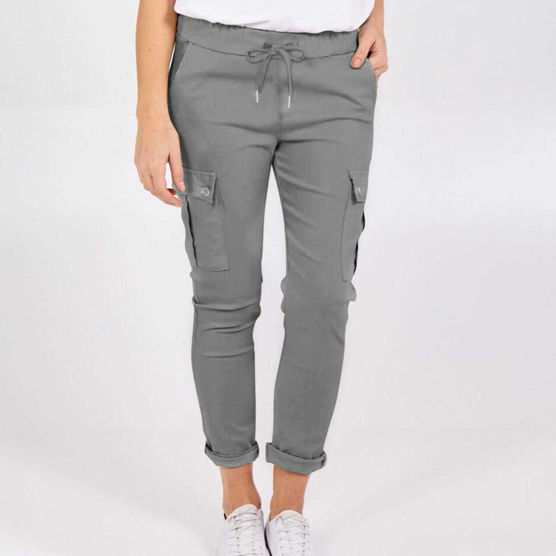 Pantalones cargo casuales con bolsillos Pantalones lápiz de cintura con cordón de color sólido para mujer