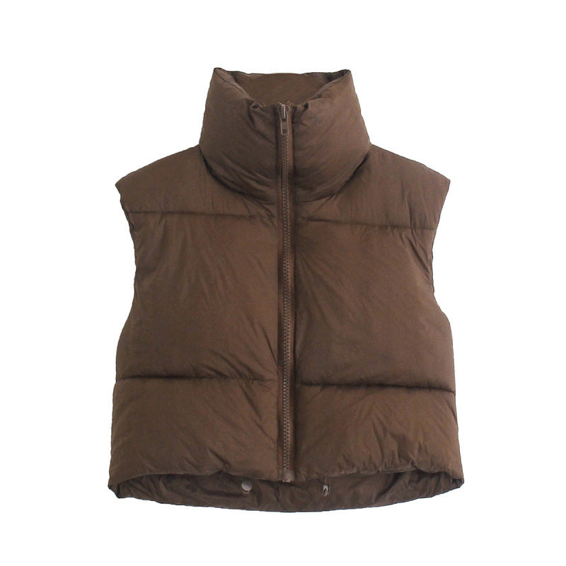 Gilet court d'hiver pour femmes, couleur unie, fermeture éclair, sans manches, veste à revers, manteau à pain à la mode