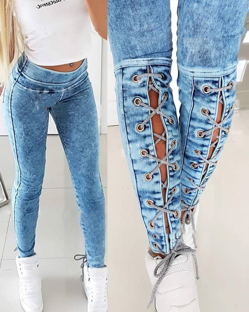 Jean skinny stretch taille haute à lacets pour femme