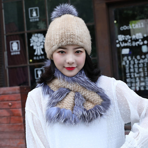 Women's Warmth Fashion Mink Hat Scarf Thickening