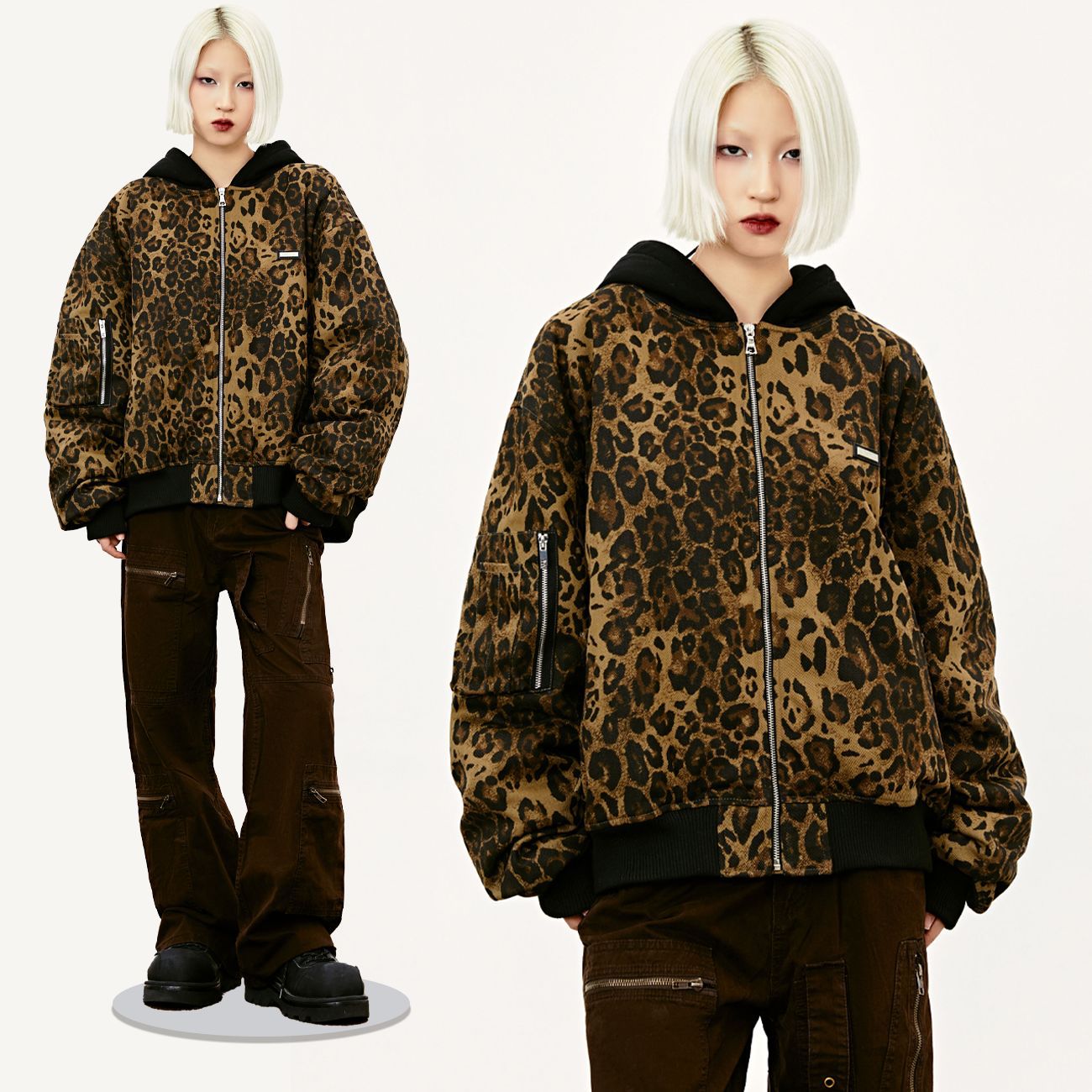 American Vintage Leopard Print Sets Winter Thickened Hooded Jacket