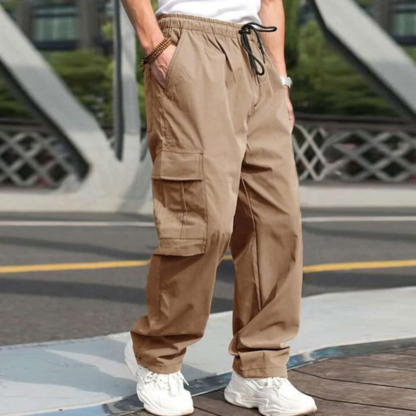 Pantalones cargo casuales para hombres Pantalones sueltos rectos con cordón en la cintura y bolsillos