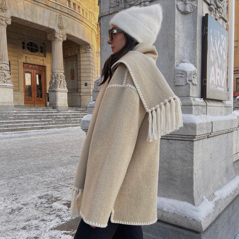 Abrigo de lana gruesa para mujer con bufanda y borlas, chaqueta holgada a la moda, ropa de calle informal para oficina y otoño e invierno