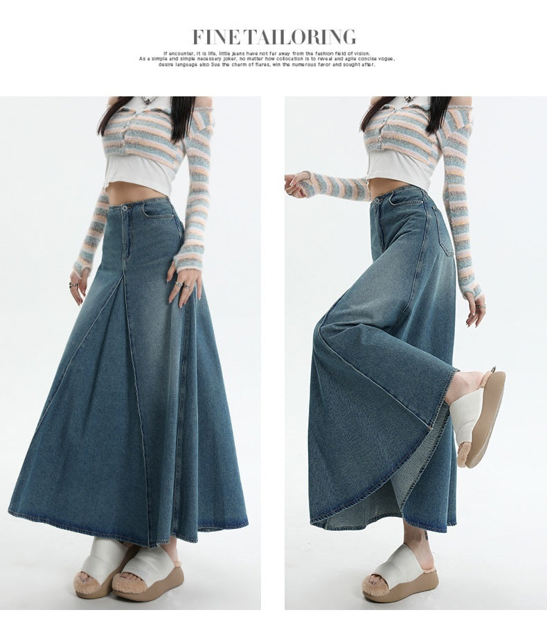 American Style Retro Big Swing Denim Spring New High Waist A- Line Slimming Mid-length Skirt