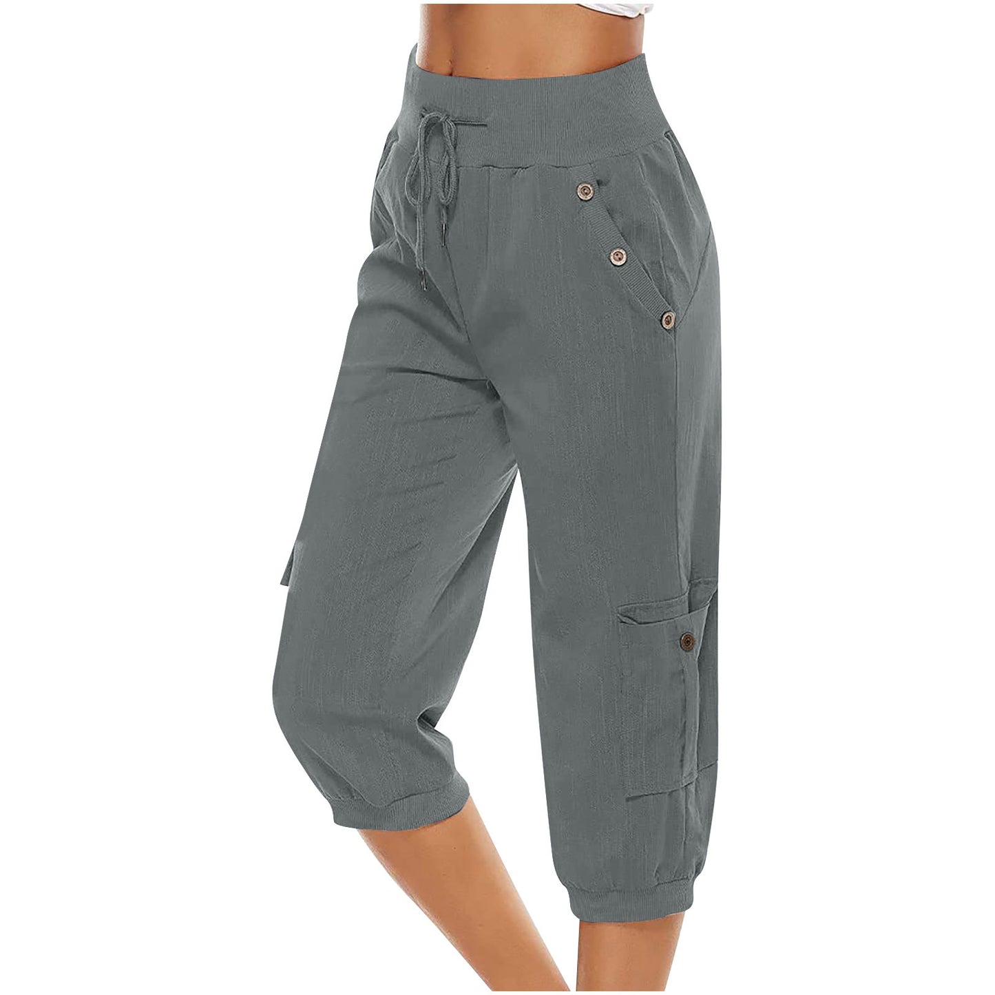 Pantalon court pour femmes, pantalon décontracté en coton et lin avec poches Cargo