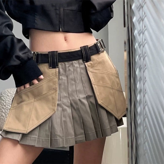 Functional Workwear Style Girl Army Green Low Waist Pleated Skirt