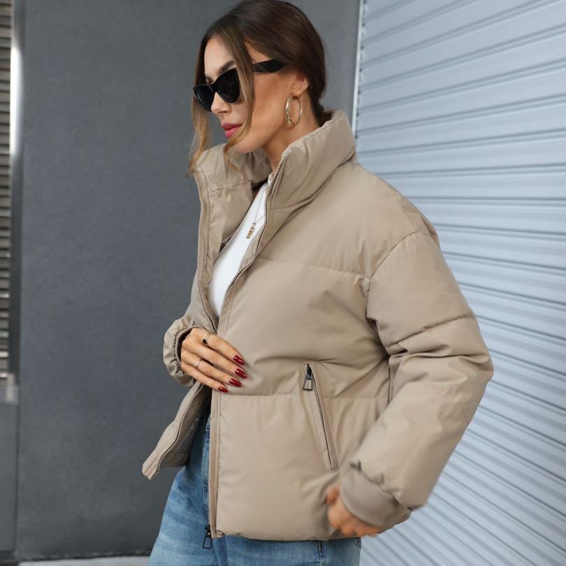 Abrigo de pan estilo Ins para mujer, chaqueta holgada y cálida con cuello levantado de Color sólido, abrigo corto informal ajustado para invierno