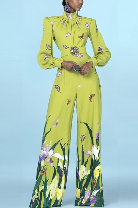 Women's New Beaded Stand-up Collar Long-sleeved Shirt High-waist Straight-leg Printed Trousers Suit