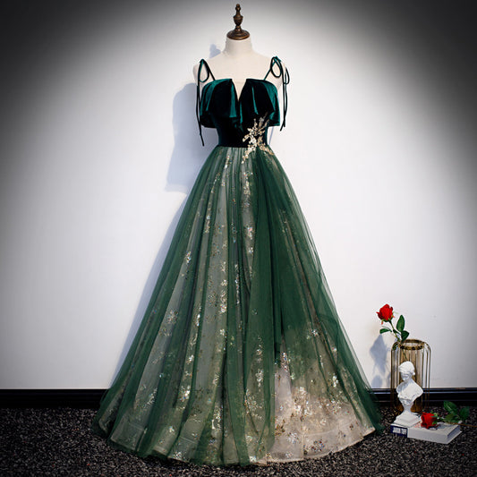 Banquete Sling Temperamento Vestido Largo Fantasía Mori Verde Oscuro