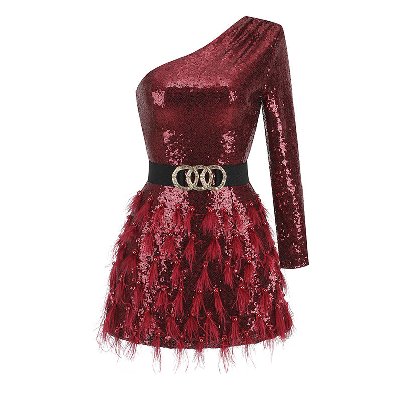 Women's Solid Color Waist Cinched Sequin Feather Decoration Dress