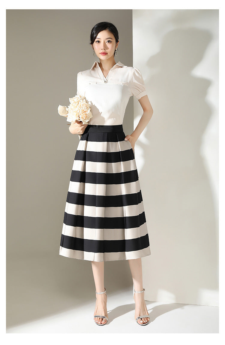 Striped Minimalist Stitching Fashion Pleated A- Line Skirt