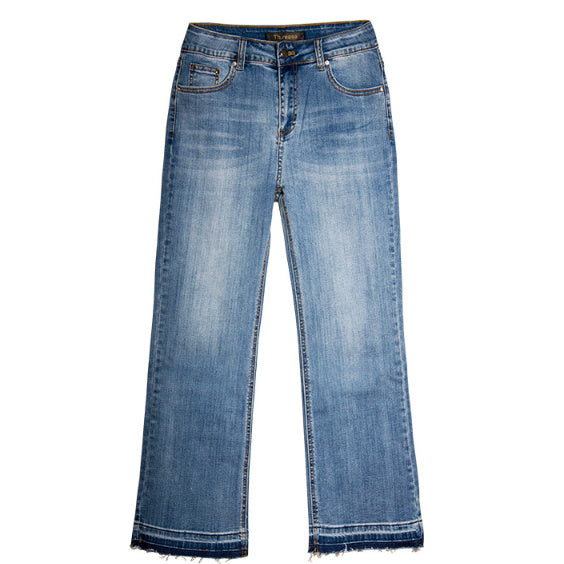 Jean bootcut élastique délavé, ample, jambe large, longueur cheville, pour femme