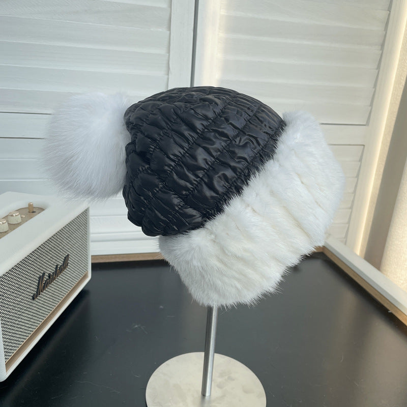 Winter Warm Mink Fur Woven Mink Fur Cap Women's Cute Fox Fur Ball Down Cotton Ear Protection Fur Hat