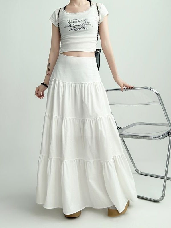 Gentle Cake White Skirt Women's Spring And Summer Big Hem Umbrella Skirt Pleated Slightly Fat Mid-length