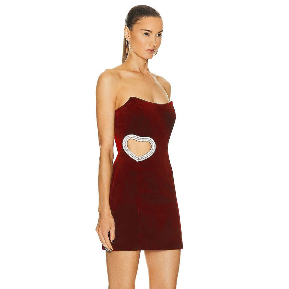 Women's Wine Red Hollowed Heart Shape Diamond Tube Top Dress