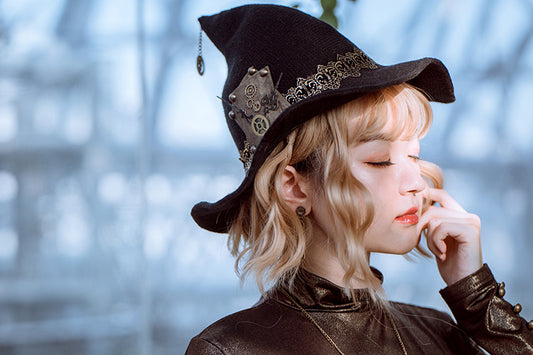 Chapeau de sorcière Steampunk Halloween pour femmes, laine tricotée noire, pour fête, mascarade, Costume de Cosplay