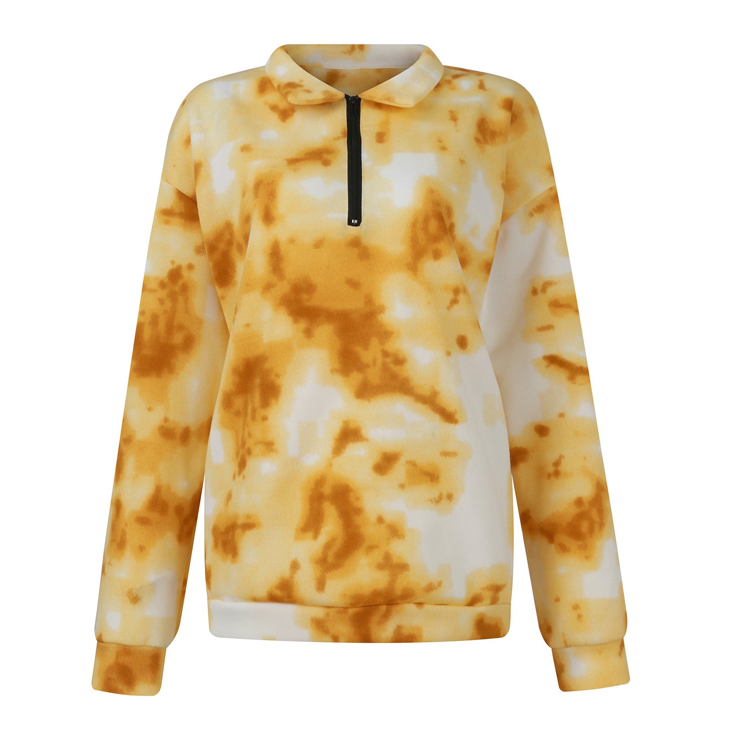 Tie Dye Printed Zippered Lapels Sweatshirt Womens Clothing Long Sleeve Loose Pocketless Top