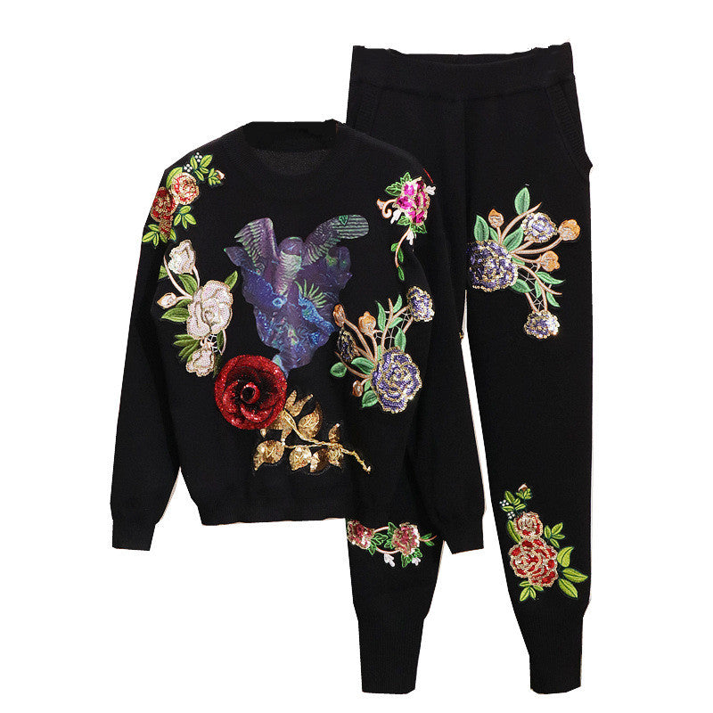 Station européenne pour femmes, pull à manches longues, motif floral pailleté, pantalon slim, costume à la mode