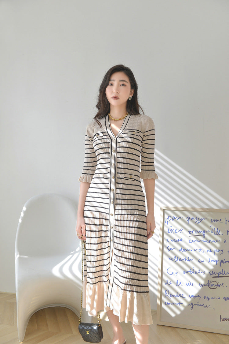 Gentle French Spring And Summer Striped Knitted V-neck Dress