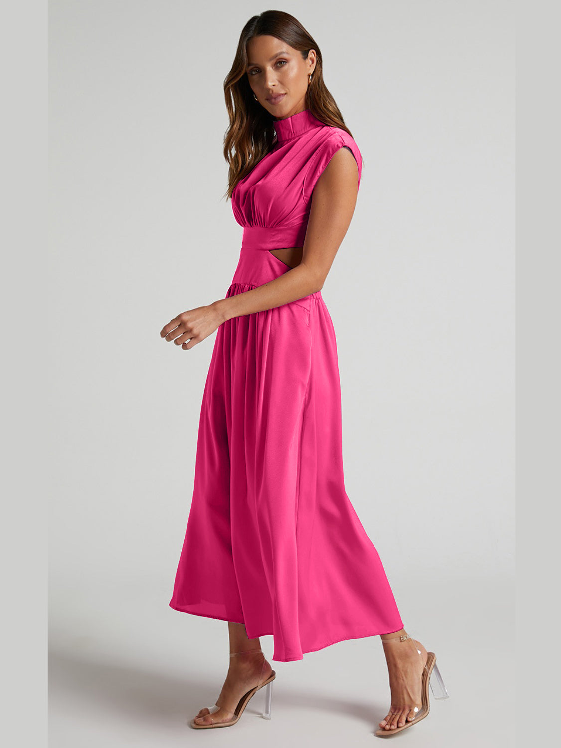 Cutout Mock Neck Sleeveless Ruched Dress