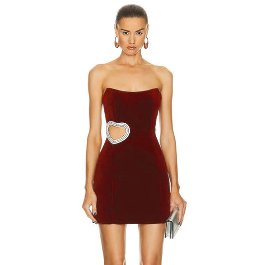 Vestido con top de tubo de diamante en forma de corazón ahuecado rojo vino para mujer