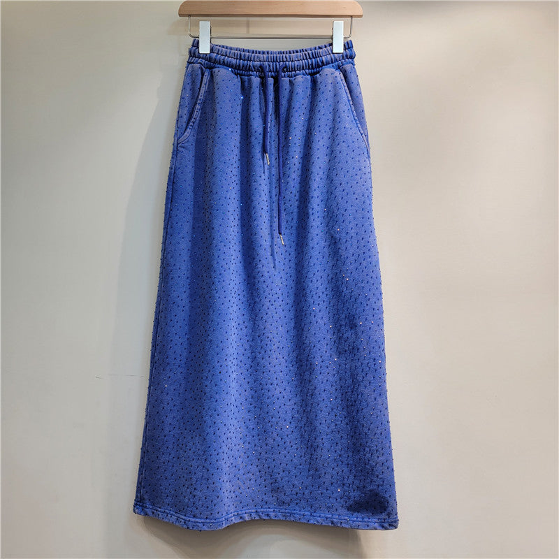 Starry Heavy Embroidery Hot Drilling Elastic Waist Split A- Line Skirt Women