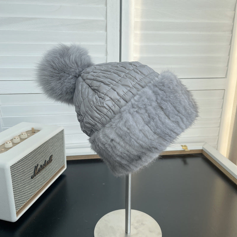 Winter Warm Mink Fur Woven Mink Fur Cap Women's Cute Fox Fur Ball Down Cotton Ear Protection Fur Hat