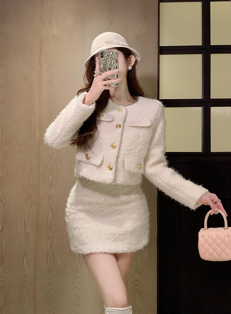 Elegant Metal Buckle Coat Slimming A- Line Skirt Socialite Feeling