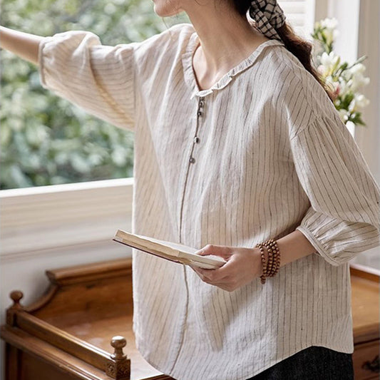 Chemise décontractée à col de poupée rayée pour femmes