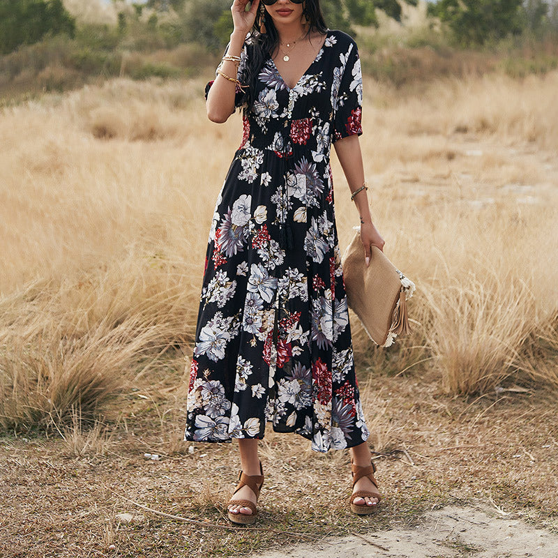 Vestido floral de playa de verano con vestidos de cintura elástica con cuello en V para mujer