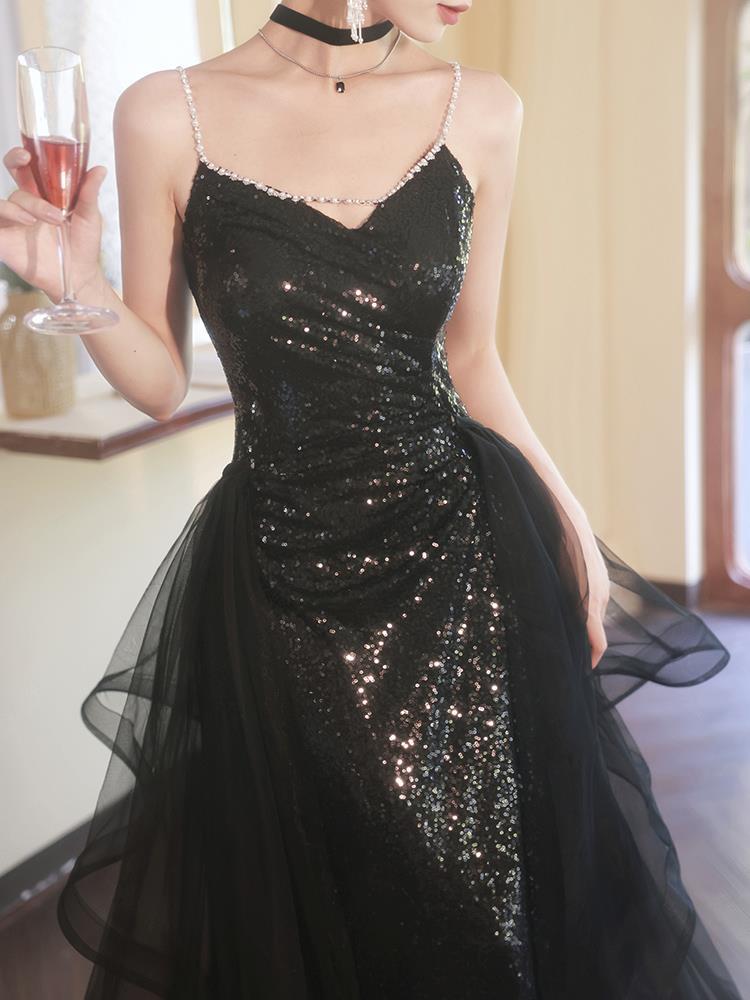 Vestido de noche de banquete negro con lentejuelas High Sense