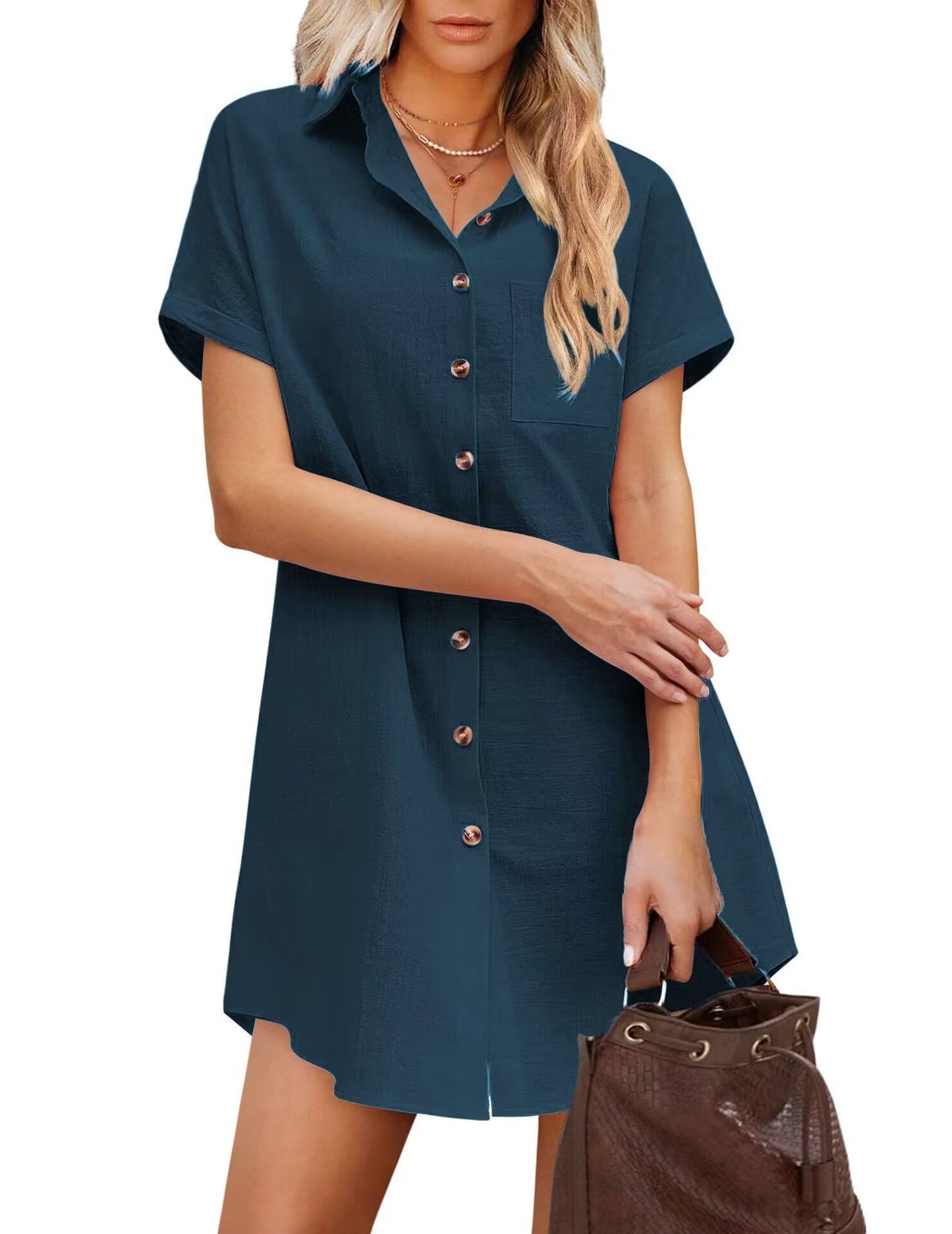 Women's Long Button Shirt Short Sleeve Linen Shirt Skirt