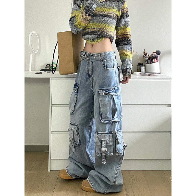 American Street Workwear Jeans à jambes larges Design multi-poches