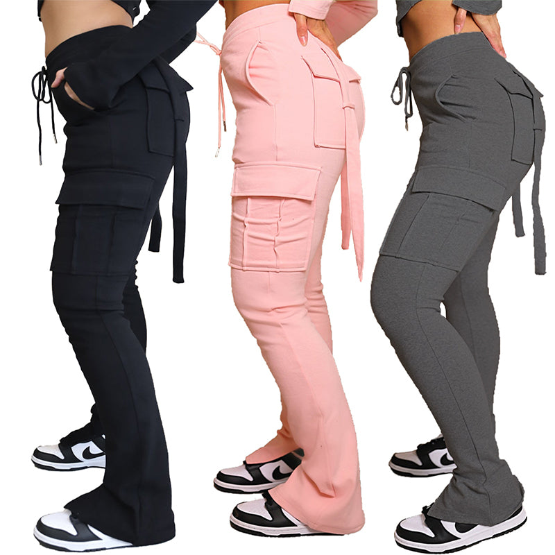 Pantalones cargo con bolsillos, cintura alta, cordón, pierna ancha, pantalones rectos para mujer, monos