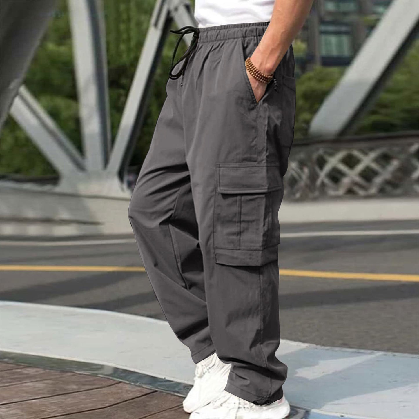 Pantalones cargo casuales para hombres Pantalones sueltos rectos con cordón en la cintura y bolsillos